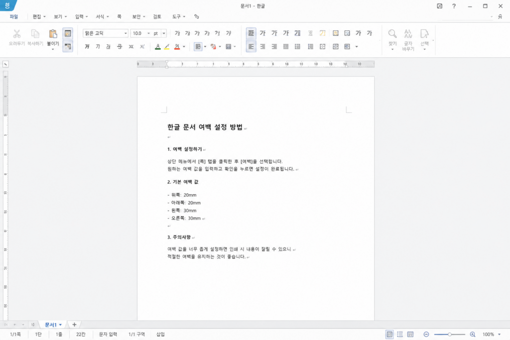 여백이 넓게 잡혀 내용이 좁게 배치된 한글 문서 화면
