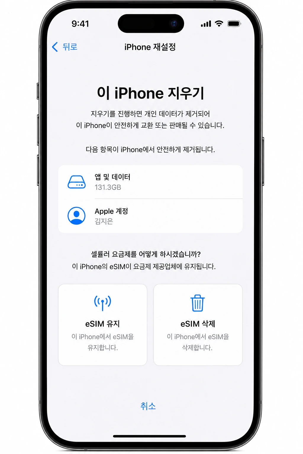 아이폰 초기화 중 eSIM 유지와 삭제를 선택하는 화면