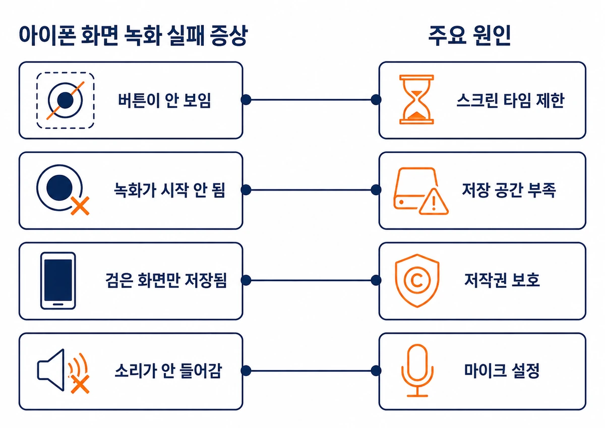 아이폰 화면 녹화 증상과 원인을 연결한 인포그래픽