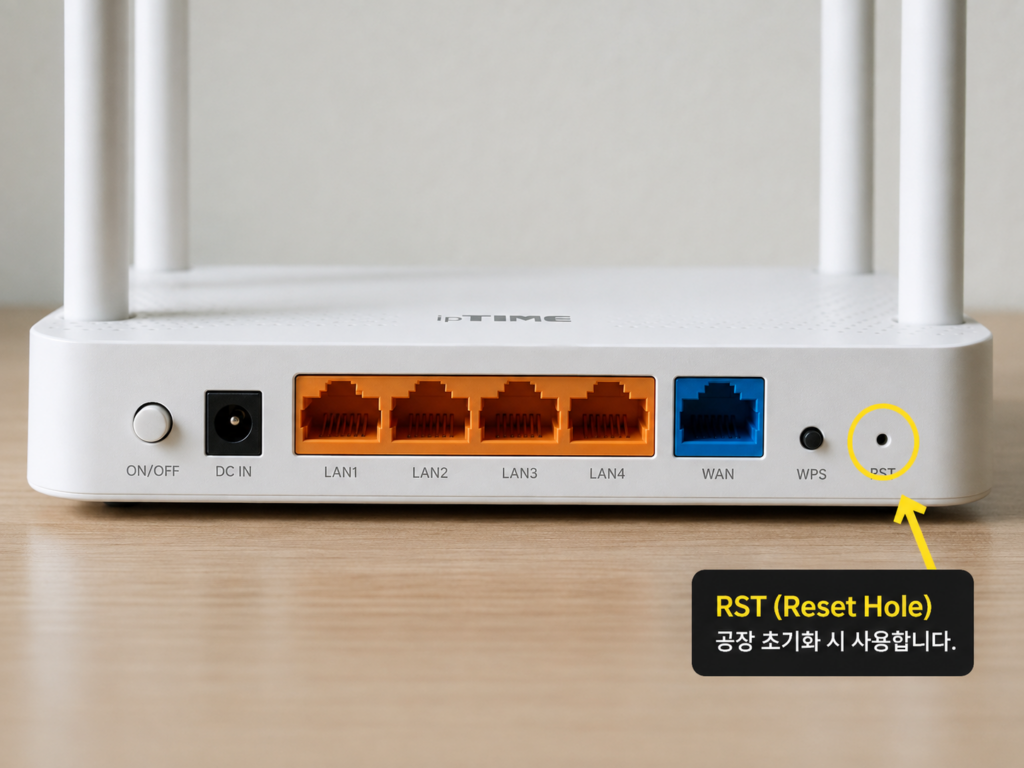 iptime 공유기 뒷면 RST 초기화 버튼 위치