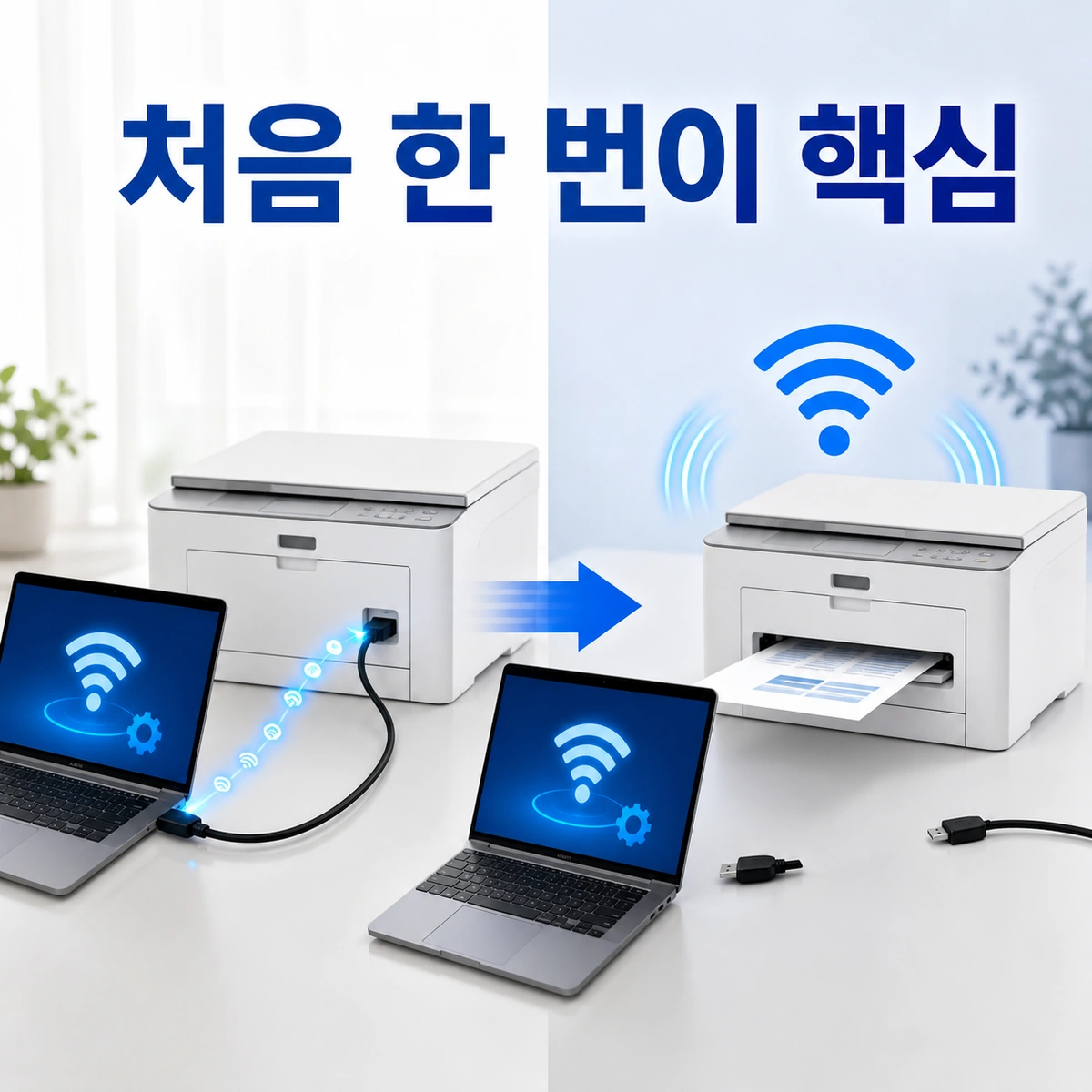 처음 한 번 USB로 설정한 뒤 케이블 없이 무선 인쇄하는 과정을 비교한 삼성프린터 썸네일