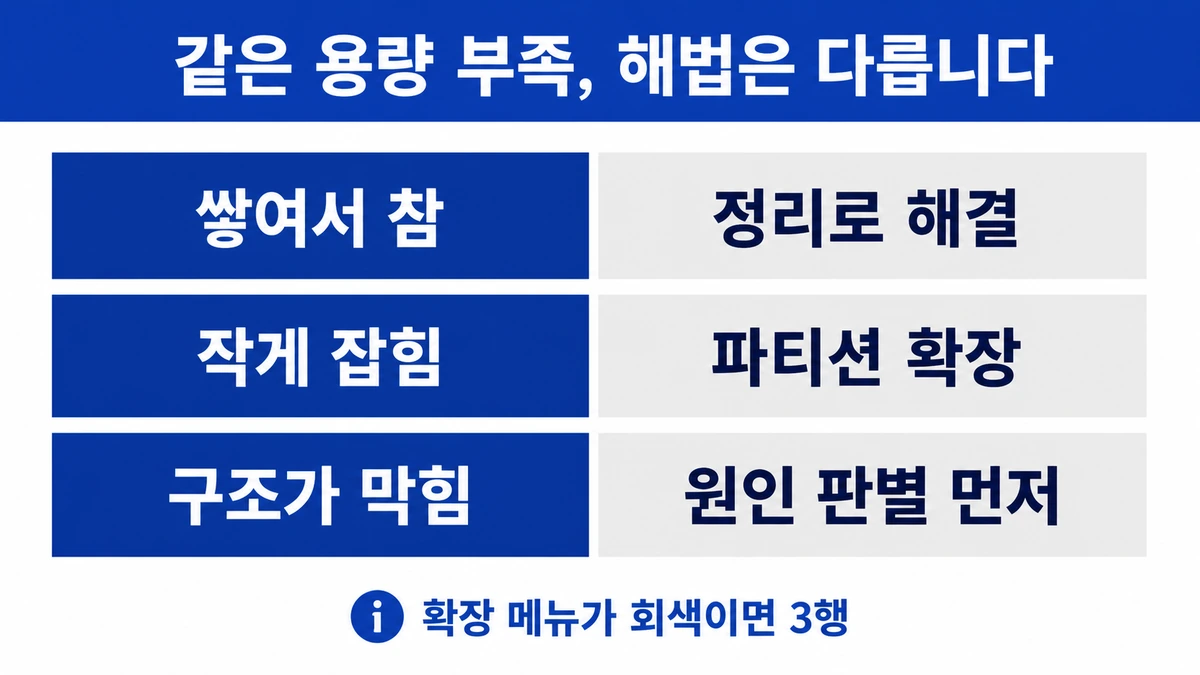 용량 부족 상황별 해법을 세 줄로 나눈 표