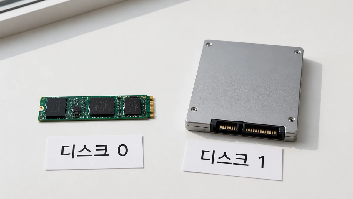 책상 위에 나란히 놓인 SSD와 하드디스크, 디스크 0과 디스크 1 카드