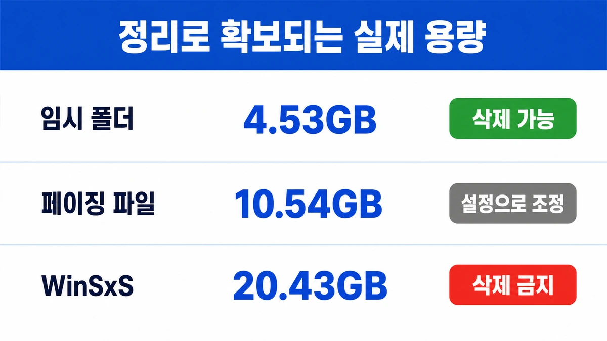 임시 폴더 페이징 파일 WinSxS의 실측 용량과 삭제 가능 여부 표