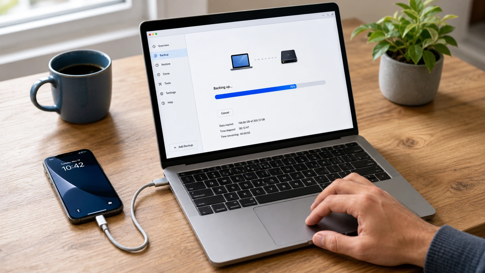 노트북과 스마트폰을 USB 케이블로 연결해 백업하는 책상 위 사진