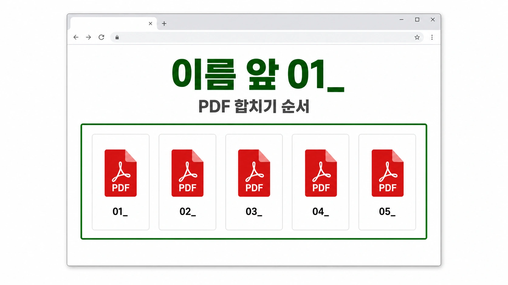 병합 화면에 01부터 05까지 번호가 붙은 파일 카드가 순서대로 놓이고 이름 앞 01 문구가 있는 대표 이미지