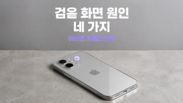 책상 위 아이폰 뒷면 카메라 렌즈 클로즈업과 검은 화면 원인 네 가지라는 흰 자막이 있는 대표 이미지