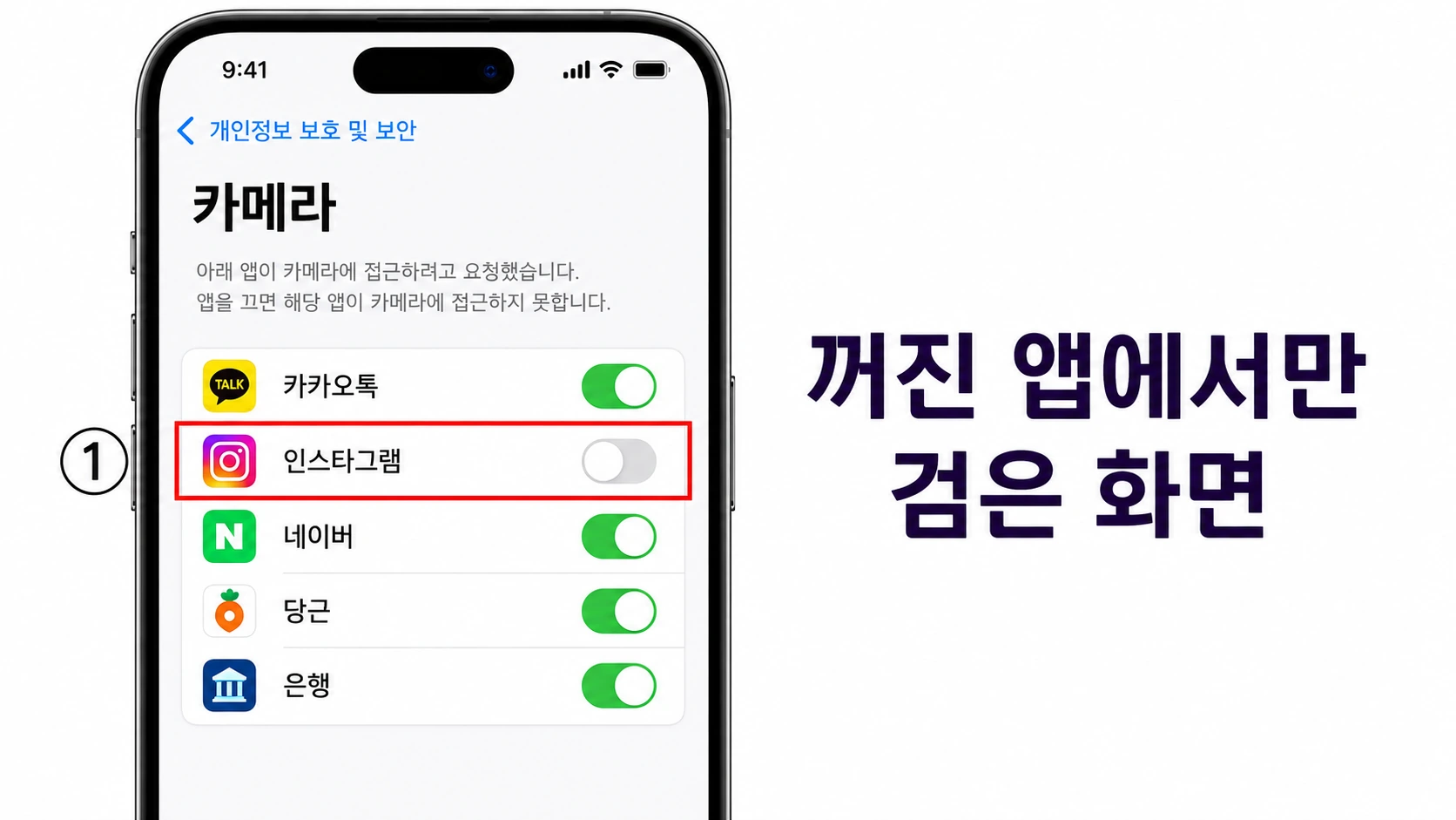 아이폰 설정의 카메라 권한 목록에서 인스타그램 토글만 꺼져 빨간 네모로 표시된 목업