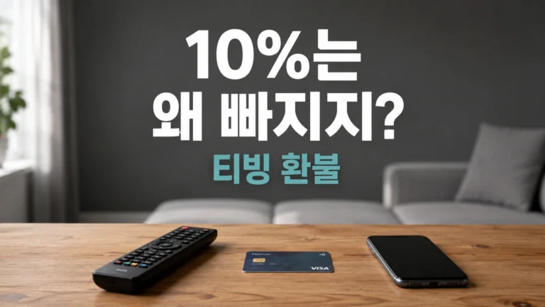 거실 테이블에 리모컨과 카드와 폰이 놓여 있고 위쪽 가운데에 10퍼센트는 왜 빠지지라는 흰 자막이 있는 대표 이미지