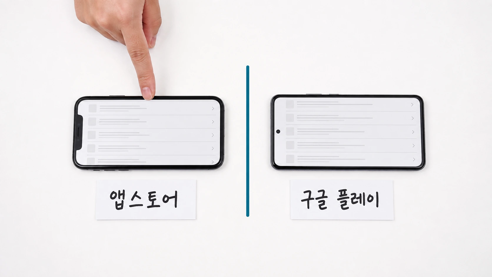 흰 책상 위에 아이폰과 안드로이드 폰이 나란히 놓이고 각각 아래에 앱스토어와 구글 플레이라는 라벨이 있는 사진