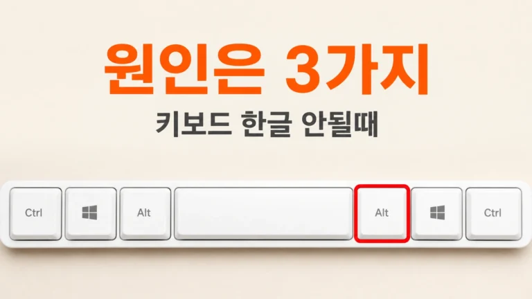위에서 내려다본 흰색 키보드의 오른쪽 알트 키가 빨간 네모로 표시되고 가로 중앙에 원인은 3가지라는 주황 자막이 있는 대표 이미지
