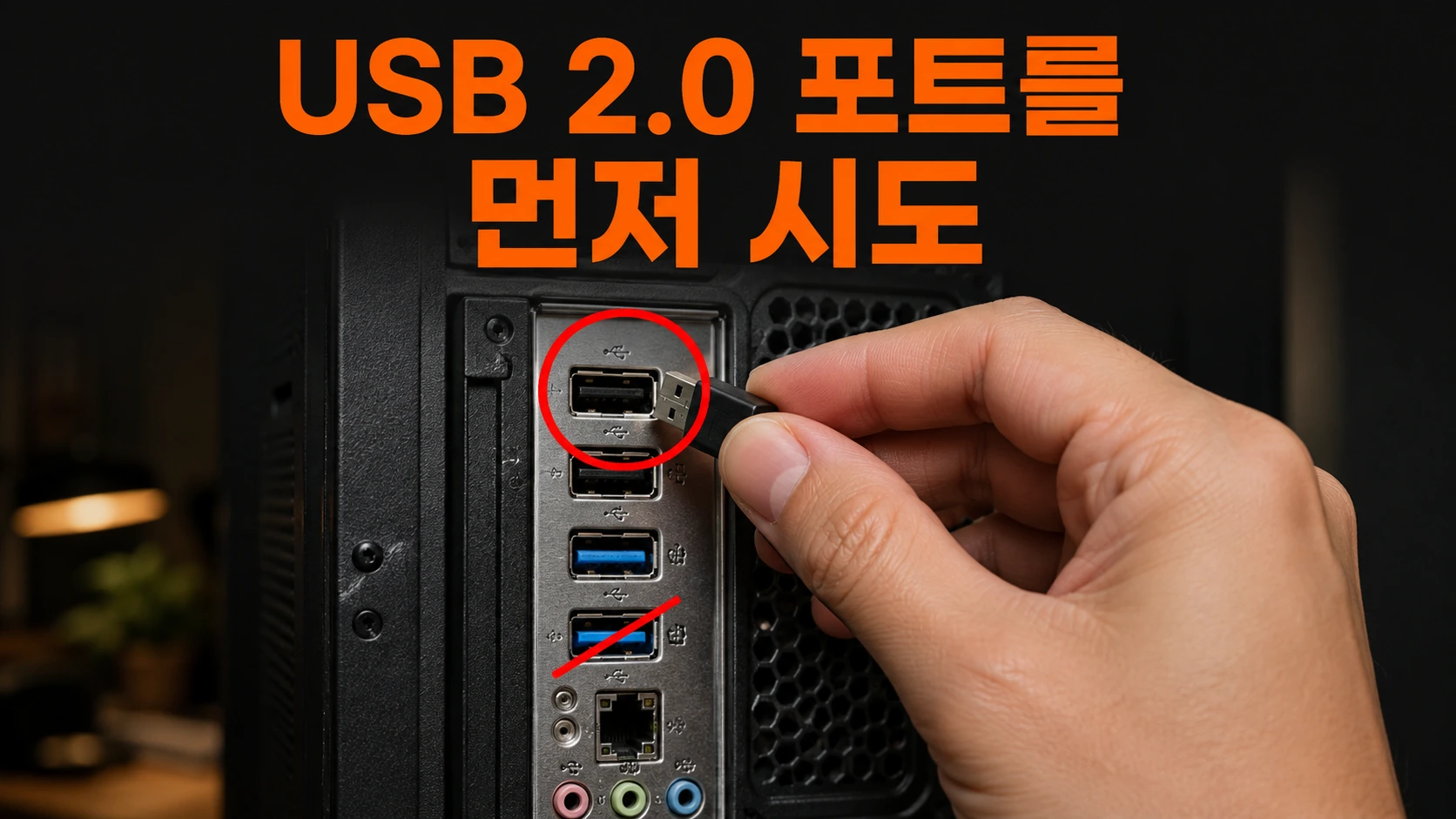 데스크톱 본체 뒷면의 검은 USB 2.0 포트에 무선 키보드 리시버를 꽂는 손과 파란 포트에 그어진 빨간 사선