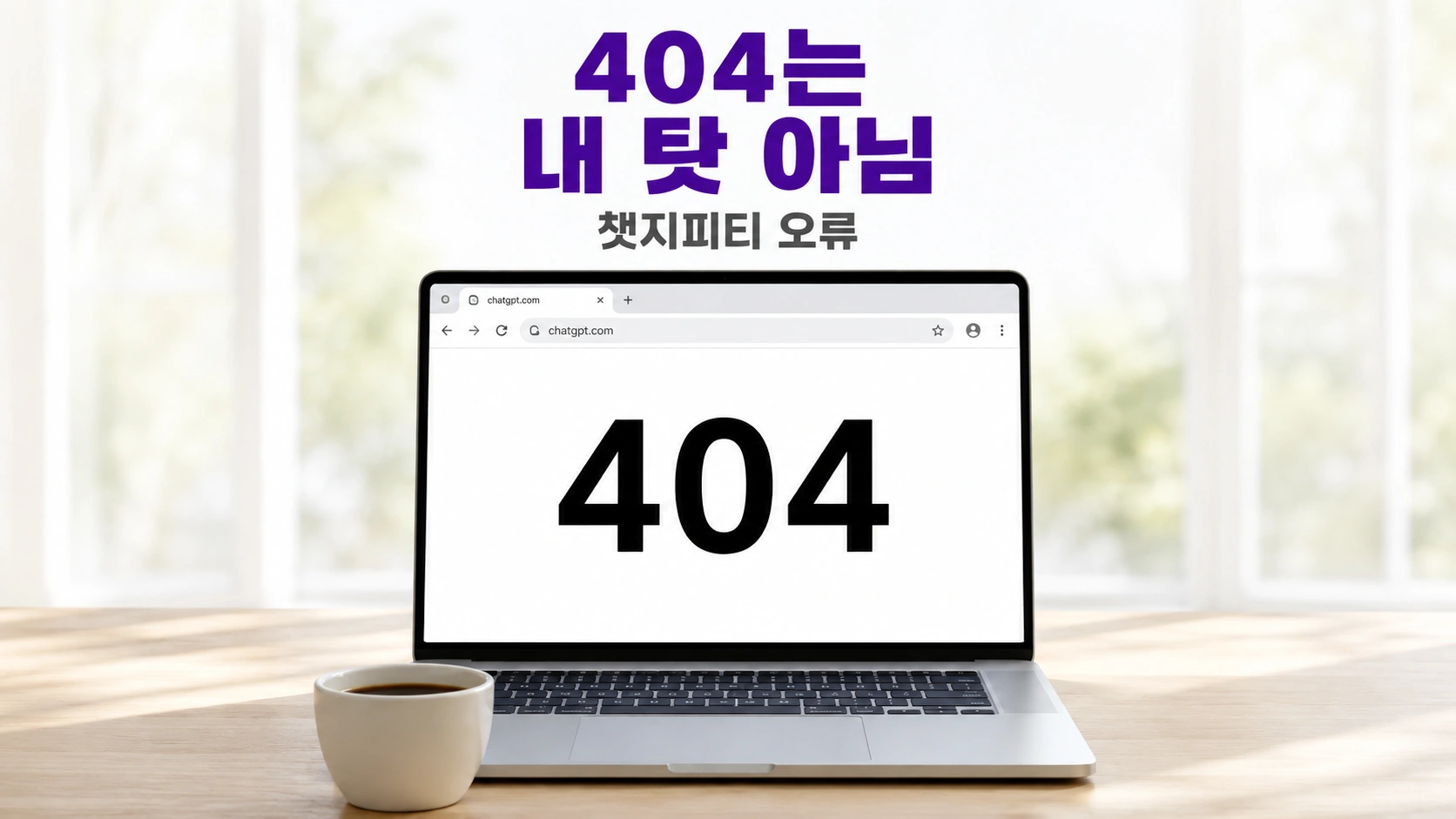 창가 책상 위 노트북 화면에 큰 404 글씨가 뜨고 위에 404는 내 탓 아님이라는 남보라 자막이 있는 대표 이미지