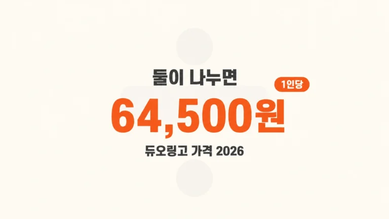 둘이 나누면 1인당 64,500원이라는 문구가 가운데 크게 적힌 듀오링고 가격 타이포 카드