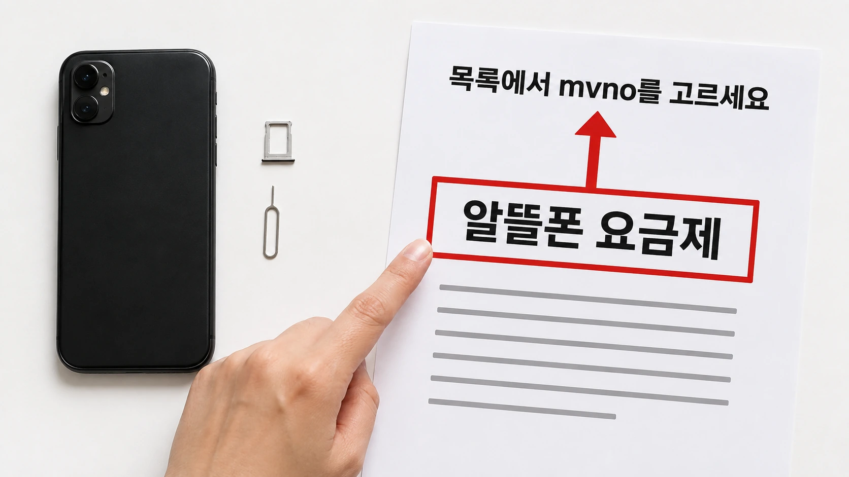 책상 위 유심 트레이와 알뜰폰 요금제 안내문 옆에 mvno를 고르라는 문구가 적힌 사진
