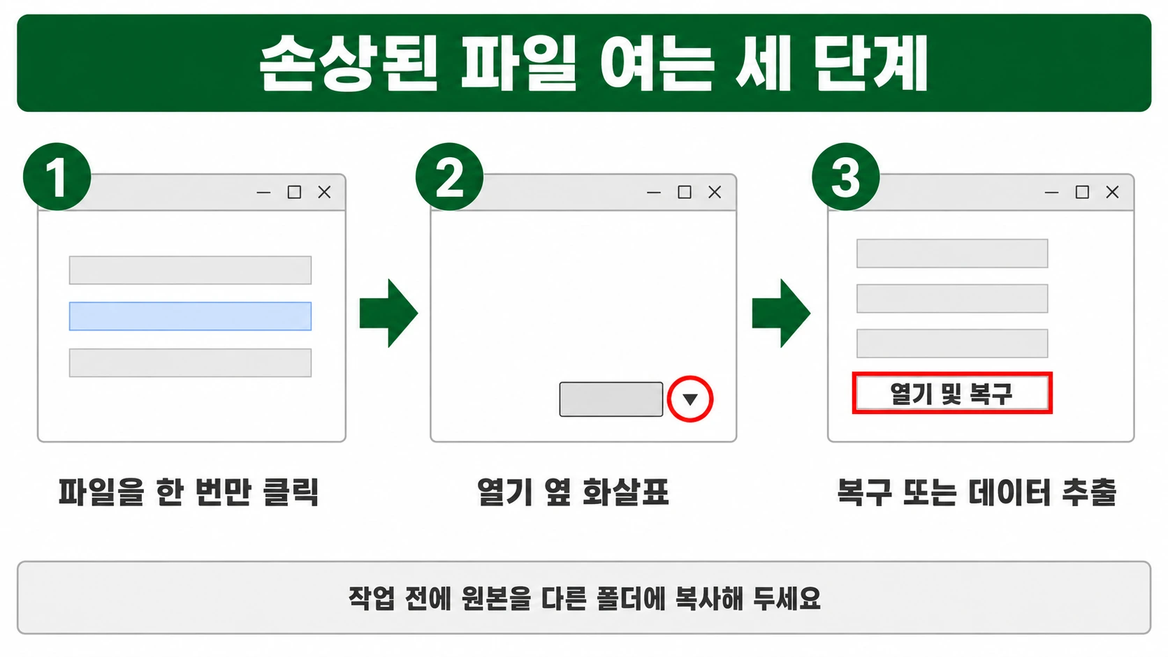 파일 선택과 열기 옆 화살표와 열기 및 복구까지 세 단계를 창 축소본으로 이은 인포그래픽
