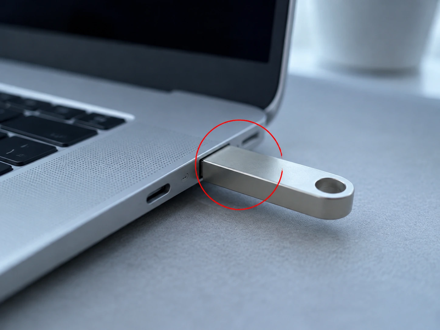 노트북 USB 포트에 꽂힌 USB 메모리를 가까이 찍고 꽂힌 자리를 빨간 원으로 표시한 사진