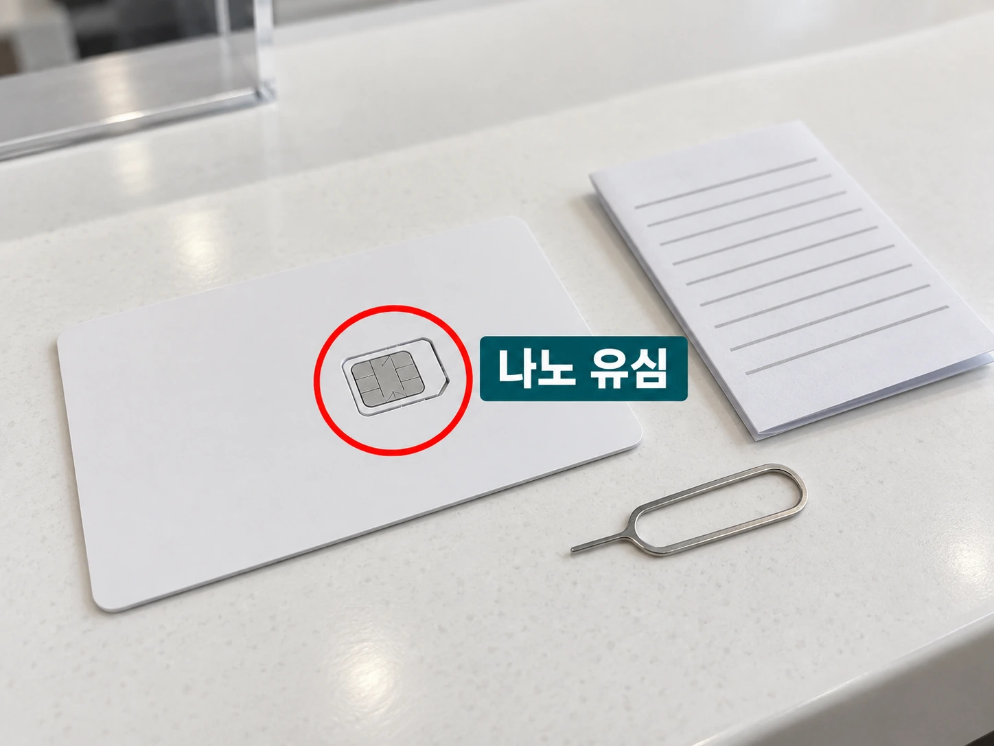 창구 카운터 위 유심 대지의 나노 유심 절취 부분을 빨간 원으로 강조하고 나노 유심 라벨을 붙인 사진