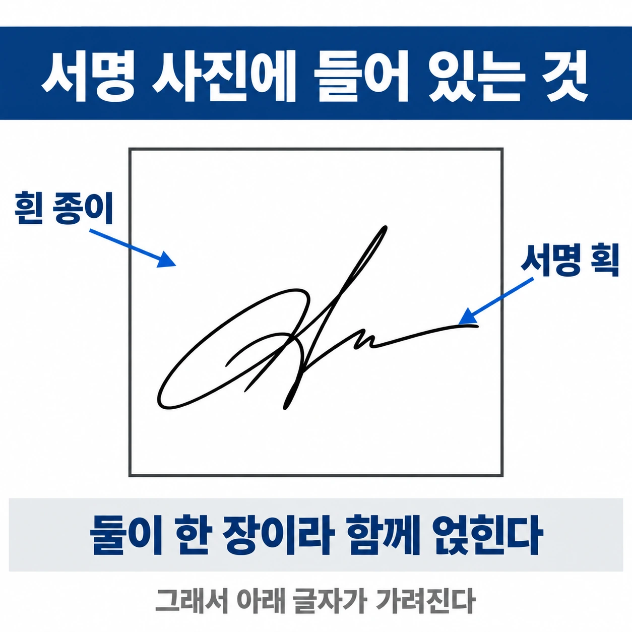 서명 사진 한 장 안에 흰 종이와 서명 획이 함께 들어 있음을 화살표로 설명한 정사각 인포그래픽
