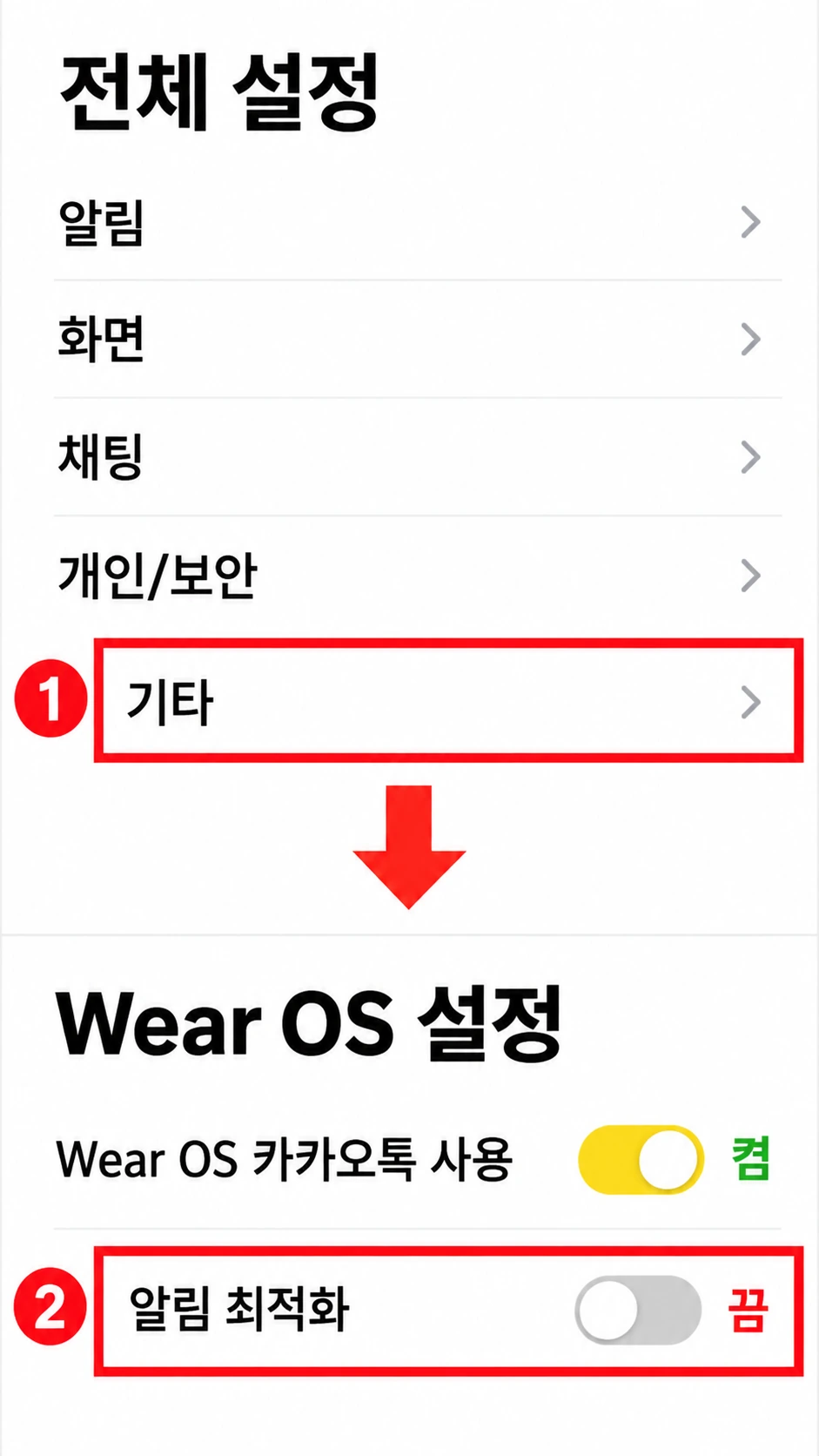 카카오톡 Wear OS 설정의 두 스위치를 확대해 카카오톡 사용은 켬, 알림 최적화는 끔으로 표시한 이미지