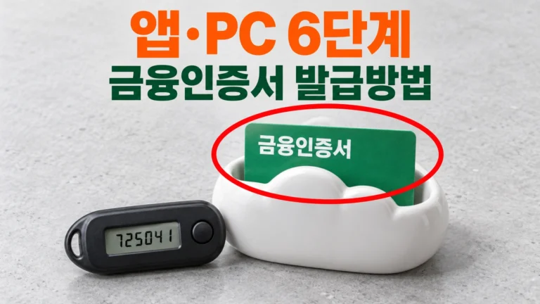 구름 모양 보관함에 들어가는 금융인증서 카드와 OTP 기기 사진, "앱·PC 6단계 금융인증서 발급방법" 문구